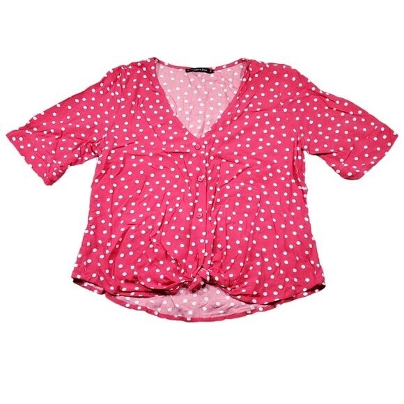 Abercrombie Tie Front Polka Dot Red White Cropped Shirt Top Short Sleeve Small - Picture 1 of 9